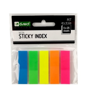 Index autoadeziv din plastic, 12 x 45 mm, 5 culori neon, 125 file/set, D.RECT