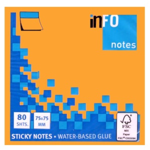 Notes autoadeziv 75x75 mm, 80 file, portocaliu neon, INFO NOTES