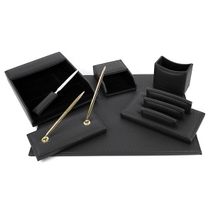 Set de birou de lux imitatie piele, 7 piese - negru