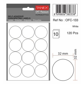 Etichete autocolante rotunde, 32 mm, 60 buc/set, alb, TANEX - Img 2