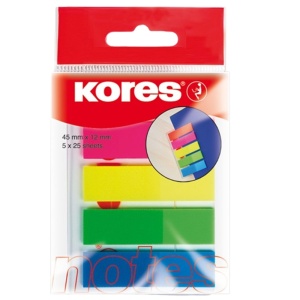 Index autoadeziv din plastic 12 x 45 mm, 5 culori x 25 file/culoare, KORES