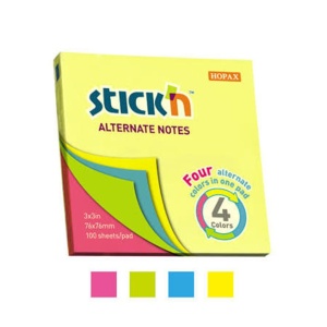 Notes autoadeziv 76x76 mm, 100 file, 4 culori neon, STICK'N Alternate