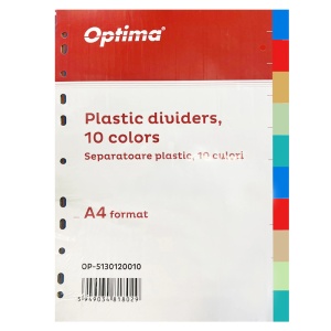 Separatoare plastic color, A4, 10 culori/set, OPTIMA