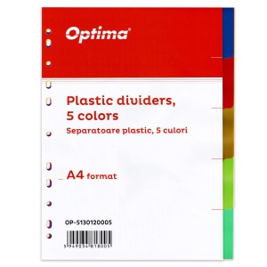 Separatoare plastic color, A4, 5 culori/set, OPTIMA