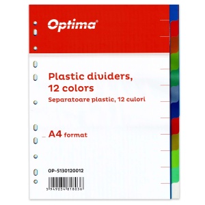 Separatoare plastic color, A4, 12 culori/set, OPTIMA