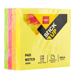 Cub notite autoadezive 76x76 mm, 400 file neon, DELI