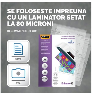 Folie laminare A3 80 microni, 100 buc/top, FELLOWES - Img 3