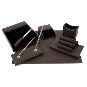 Set de birou de lux 7 piese, imitatie piele - maro