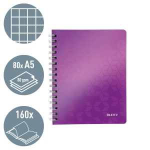 Caiet cu spirala A5, 80 file, matematica, mov, LEITZ WOW - Img 2