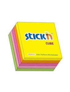 Cub notite adeziv, 76x76 mm, 400 file/set, 5 culori neon, STICK'N