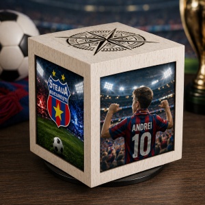 Cub foto personalizat fotbal 10x10 cm – cadou fan echipă cu 4 fețe personalizabile