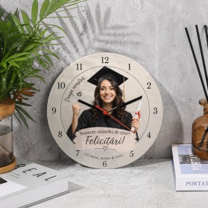 Ceas Personalizat din Aluminiu 25 cm Absolvire cu Poză și Mesaj – Cadou Absolvire Gimnaziu, Liceu sau Facultate
