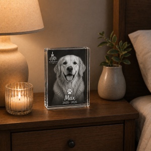 Cristal Personalizat In Memoriam Animal cu Poză și Nume – Trofeu din Sticlă Premium pentru Amintiri de Neuitat