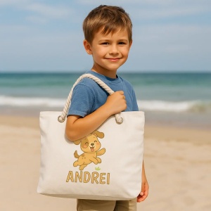 Geantă de plajă Cățeluș – geantă mare cute pentru plajă și vacanță, model adorabil pentru copii