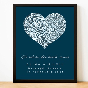 Tablou Personalizat cu Amprente pentru Cuplu – Model Albastru Navy, Cadou Romantic Elegant cu Poză și Mesaj