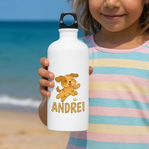Bidon apă personalizat Cățel cu nume sau mesaj – sticlă reutilizabilă adorabilă pentru copii