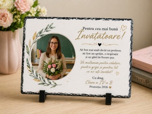 Placă ardezie personalizată pentru învățătoare – cadou emoțional cu poză și mesaj de mulțumire
