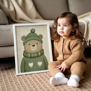 Tablou Chocolate Pastel – Model Ursuleț, Decor Delicat în Culori Neutre pentru Camera Copilului sau Bebelușului