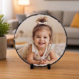 Ardezie Rotundă Personalizată cu Poză și Mesaj – Tablou Foto Premium din Ardezie Naturală