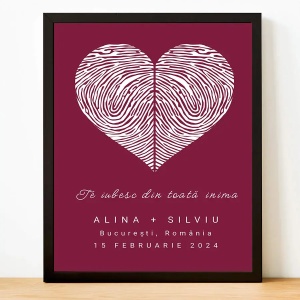 Tablou Personalizat cu Amprente pentru Cuplu – Model Burgundy, Cadou Romantic Elegant cu Poză și Mesaj