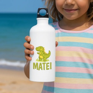 Bidon apă personalizat Dino cu nume sau mesaj – sticlă reutilizabilă pentru copii și școală
