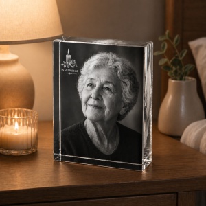 Cristal Personalizat In Memoriam cu Poză și Mesaj – Cadou Comemorativ Premium din Cristal, Realizat în Atelier Propriu