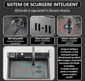 Chiuveta Smart Premium cu Afisaj Digital 45x75cm, Doua Cascade, Baterie Multifunctionala, Accesorii Integrate, Spalator Pahar, Dozator, Tocator, Anti-Zgarieturi - Img 6