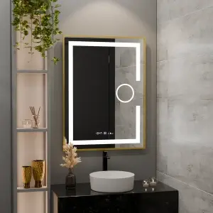 Oglinda LED Rectangulara, 60x80cm, Premium Eclat MotionGlow Marcello, Sistem Dezaburire, Ceas & Termometru, Lupa Cosmetica, Dimabila, Rama Auriu Brushed - Img 2