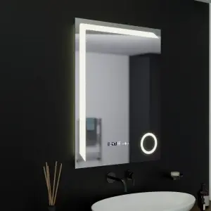 Oglinda LED Rectangulara, 60x80cm, Premium Precision MotionGlow Marcello, Sistem Dezaburire, Ceas & Termometru, Lupa Cosmetica, Dimabila