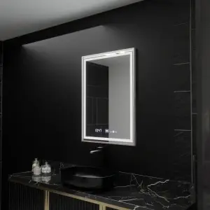 Oglinda LED Rectangulara, 60x80cm, Premium Verite Imperial Silver Motion Glow Marcello, Sistem Dezaburire, Ceas & Termometru, Dimabila