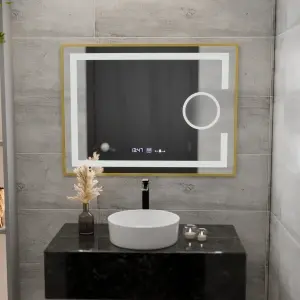 Oglinda LED Rectangulara, 80x60cm, Premium Eclat MotionGlow Marcello, Sistem Dezaburire, Ceas & Termometru, Lupa Cosmetica, Dimabila, Rama Auriu Brushed - Img 5