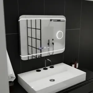 Oglinda LED Rectangulara, 80x60cm, Premium Stile MotionGlow Marcello, Sistem Dezaburire, Ceas & Termometru, Lupa Cosmetica, Dimabila