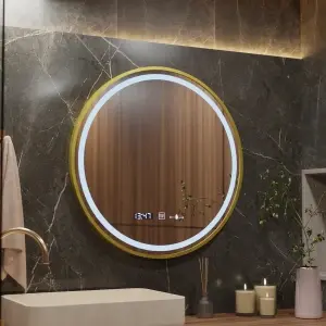 Oglinda LED Rotunda, 60cm, Premium Celeste Royale Gold Eleve MotionGlow Marcello, Sistem Dezaburire, Ceas & Termometru, Dimabila, Curea Detasabila