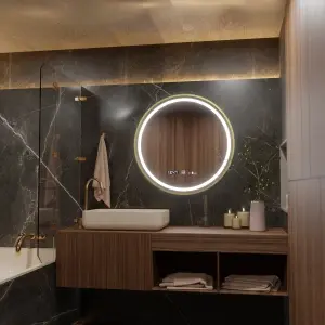 Oglinda LED Rotunda, 60cm, Premium Celeste Royale Gold Eleve MotionGlow Marcello, Sistem Dezaburire, Ceas & Termometru, Dimabila, Curea Detasabila - Img 2
