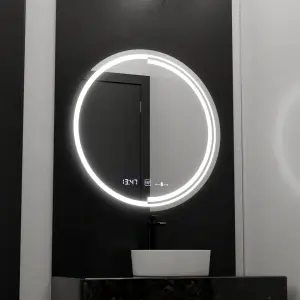 Oglinda LED Rotunda, 60cm, Premium Senzor MotionGlow Consuel Marcello, Sistem Dezaburire, Ceas & Termometru, Dimabila