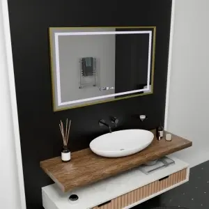 Oglinda LED Rectangulara, 100x80cm, Premium Verite Royale Gold Motion Glow Marcello, Sistem Dezaburire, Ceas & Termometru, Dimabila - Img 6
