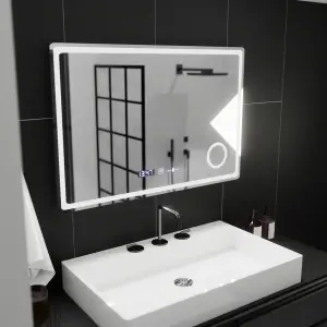 Oglinda LED Rectangulara, 90x60cm, Premium Velour MotionGlow Marcello, Sistem Dezaburire, Ceas & Termometru, Lupa Cosmetica, Dimabila