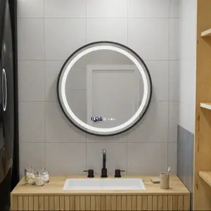 Oglinda LED Rotunda, 70cm, Premium Celeste Majeste Noir MotionGlow Marcello, Sistem Dezaburire, Ceas & Termometru, Dimabila