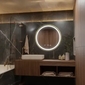 Oglinda LED Rotunda, 70cm, Premium Celeste Royale Gold MotionGlow Marcello, Sistem Dezaburire, Ceas & Termometru, Dimabila - Img 2