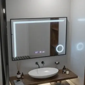 Oglinda LED Senzor MotionGlow Premium Sofia, 110x75 cm, Dezaburire Termometru Ceas, Lumina Calda/Rece/Neutra Dimabila,Rama Negru Brushed