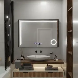 Oglinda LED Senzor MotionGlow Premium Sofia, 110x75 cm, Dezaburire Termometru Ceas, Lumina Calda/Rece/Neutra Dimabila,Rama Negru Brushed - Img 2