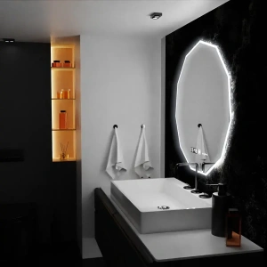 Oglinda LED Poligon, 70cm, Premium Judith Senzor MotionGlow Marcello, Sistem Dezaburire, Ceas & Termometru, Dimabila - Img 4
