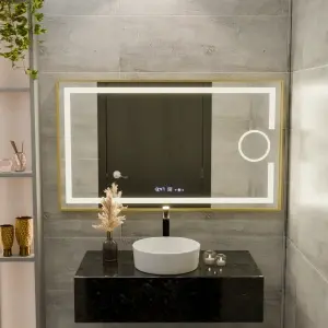 Oglinda LED Rectangulara, 110x65cm, Premium Eclat MotionGlow Marcello, Sistem Dezaburire, Ceas & Termometru, Lupa Cosmetica, Dimabila, Rama Auriu Brushed - Img 5