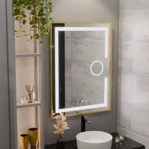 Oglinda LED Rectangulara, 60x80cm, Premium Eclat MotionGlow Marcello, Sistem Dezaburire, Ceas & Termometru, Lupa Cosmetica, Dimabila, Rama Auriu Brushed
