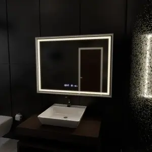 Oglinda LED Rectangulara, 80x60cm, Premium Verite Imperial Silver Motion Glow Marcello, Sistem Dezaburire, Ceas & Termometru, Dimabila - Img 3