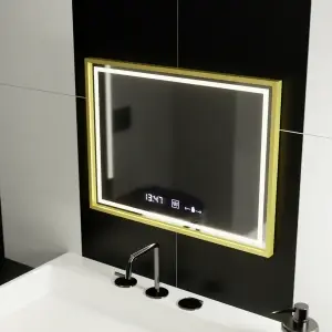 Oglinda LED Rectangulara, 80x60cm, Premium Verite Royale Gold MotionGlow Marcello, Sistem Dezaburire, Ceas & Termometru, Dimabila