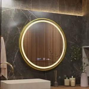 Oglinda LED Rotunda, 70cm, Premium Celeste Royale Gold MotionGlow Marcello, Sistem Dezaburire, Ceas & Termometru, Dimabila