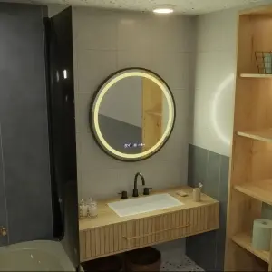 Oglinda LED Rotunda, 80cm, Premium Celeste Majesté Noir MotionGlow Marcello, Sistem Dezaburire, Ceas & Termometru, Dimabila - Img 5