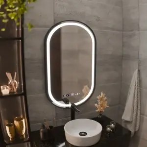 Oglinda LED Senzor Premium Helmut, 50x80 cm, Sistem Dezaburire, Ceas si Temperatura, Rama Negru Brushed Marcello Funghi - Img 4