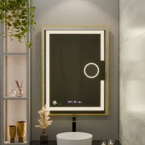 Oglinda LED Rectangulara, 60x80cm, Premium Eclat MotionGlow Marcello, Sistem Dezaburire, Ceas & Termometru, Lupa Cosmetica, Dimabila, Rama Auriu Brushed - Img 3